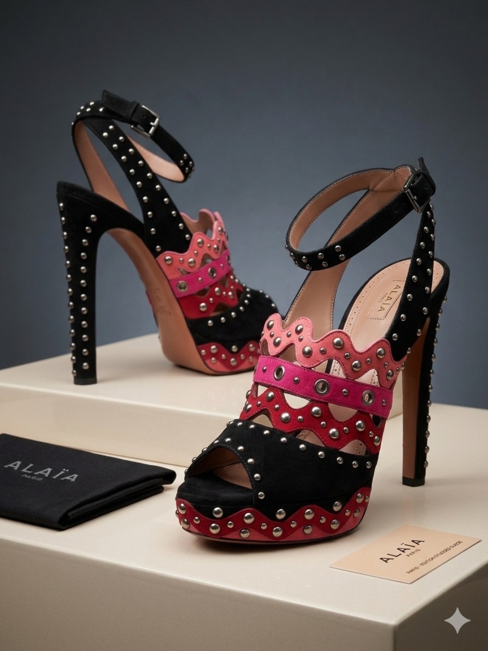 Alaia Black, Pink and Red Scalloped Studded Platform Sandals